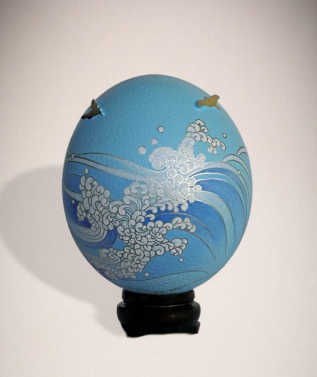 Ostrich egg for decoration, acrylics, mother-of-pearl