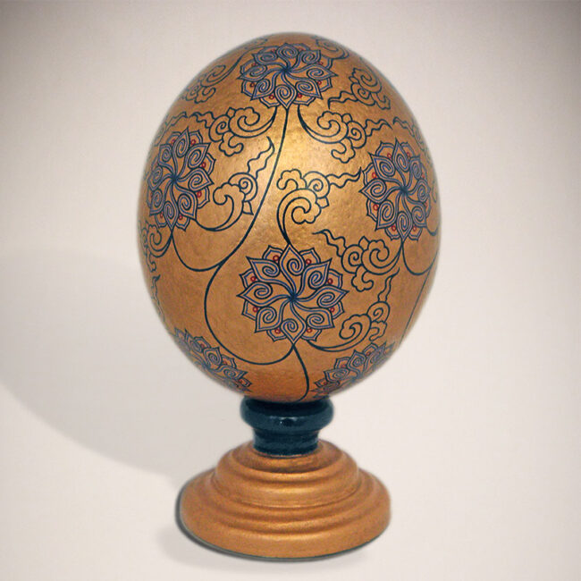 Ostrich eggshell, hand-painted with acrylics and copper pigments