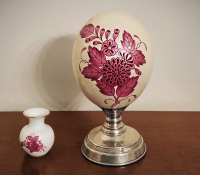 ostrich painted egg on silver stand