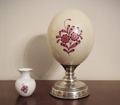 ostrich painted egg on silver stand